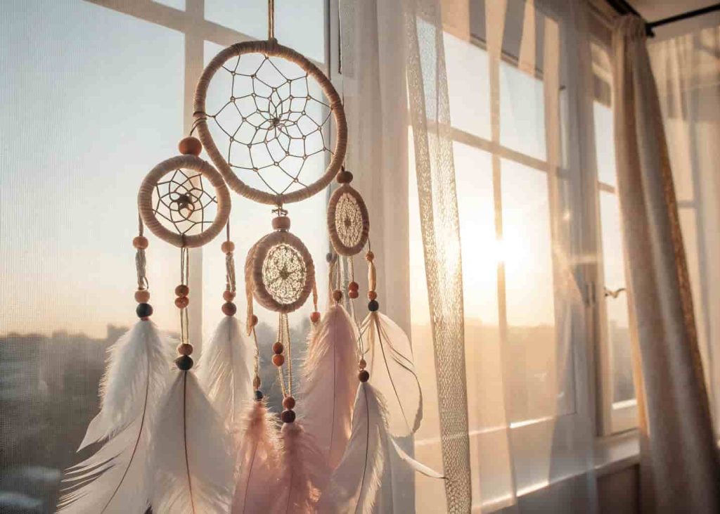 Three handmade dreamcatchers with white feathers and wooden beads hanging near a bright window in a bohemian room.