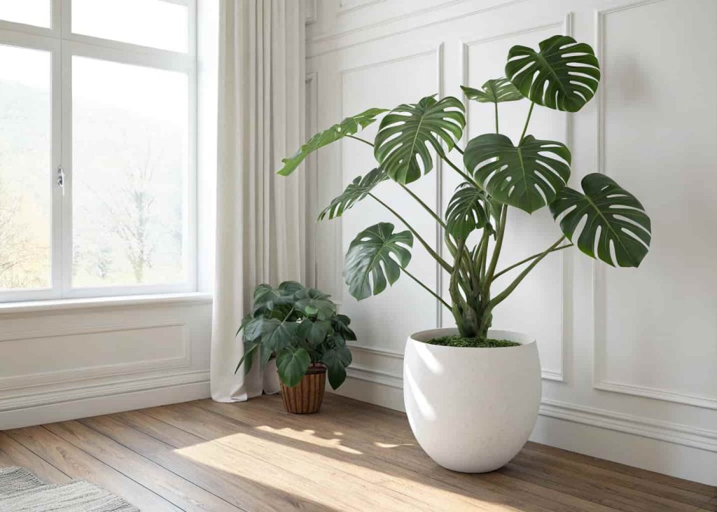 A large monstera plant in a white ceramic pot placed in the corner of a minimal living room. White walls, wooden floor, and soft natural light. Green and fresh aesthetic.