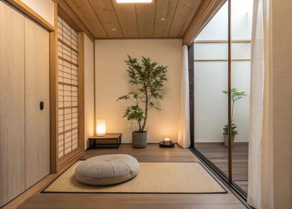 A peaceful minimalist meditation corner with a floor cushion, small plant, and warm ambient lighting