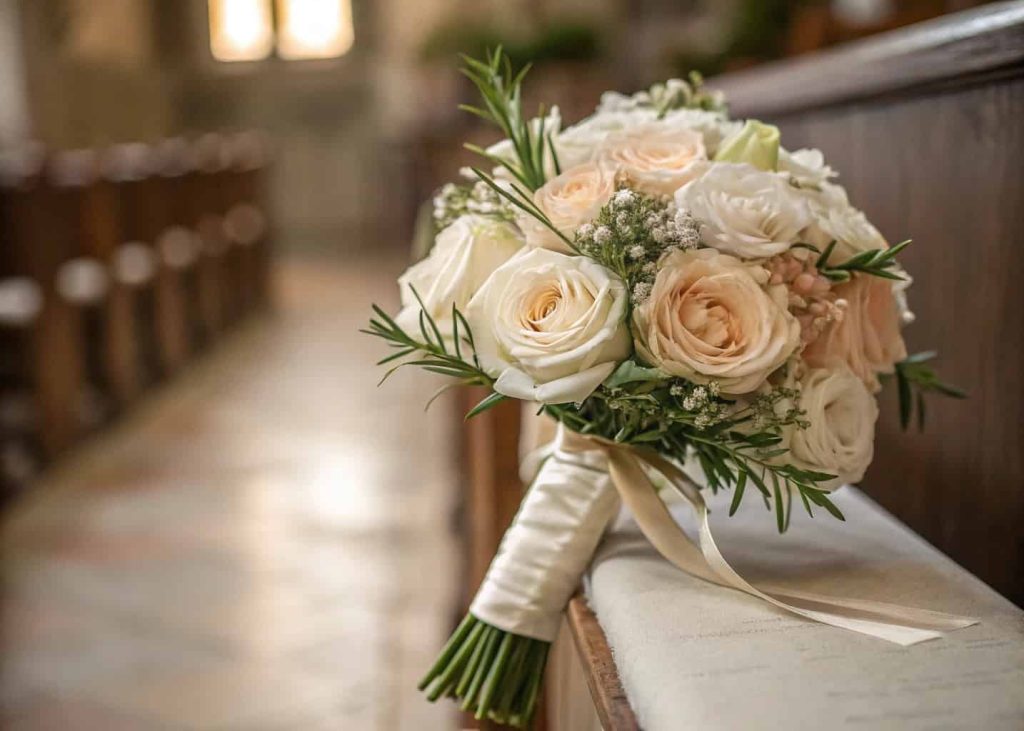 Small elegant rose and rosemary bouquet for an intimate wedding ceremony