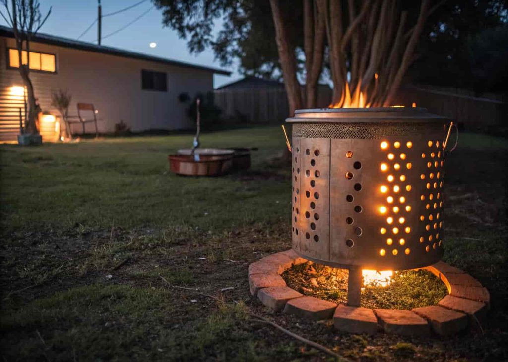 An upcycled washing machine drum fire pit with firelight glowing through the holes creating patterns in a backyard setting.