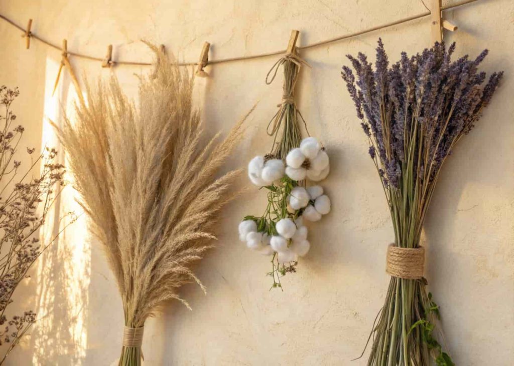 Dried pampas grass and botanicals hanging on a warm beige wall as a bohemian wall decoration.