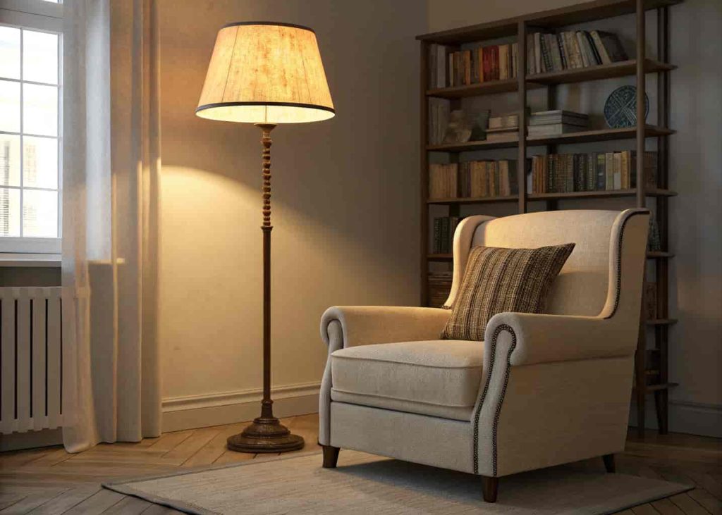 A cozy reading corner with a warm-toned floor lamp next to a neutral armchair. Soft golden light. Minimal bookshelf in the background. No harsh overhead lighting. Calm and inviting mood
