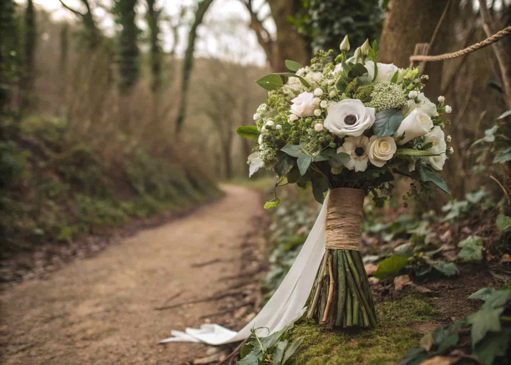 Natural organic bridal bouquet wrapped in kraft paper with hellebores and trailing ivy