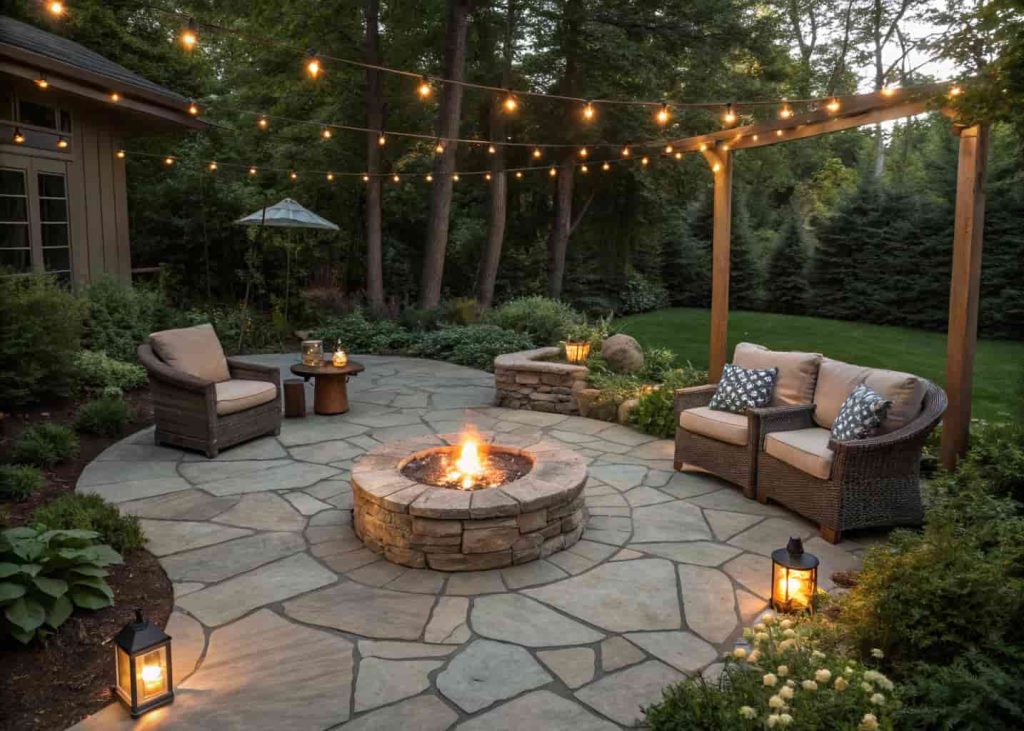 A beautiful DIY flagstone patio with a central stone fire pit, surrounded by outdoor chairs and string lights at dusk.