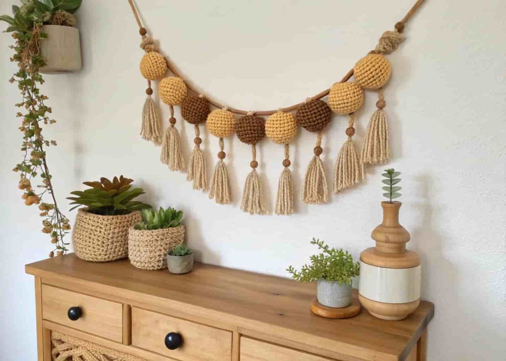 Wooden bead and jute rope wall hanging above a console table in a cozy bohemian interior.