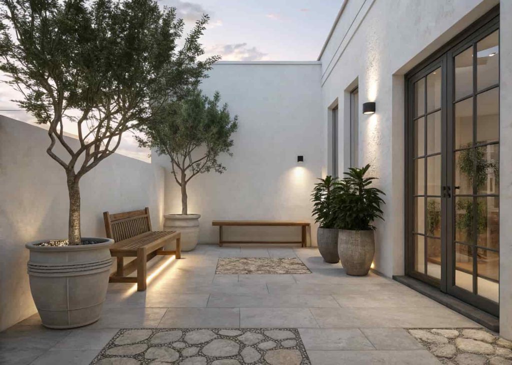 A minimalist outdoor patio with a wooden bench, large green plants, and clean stone flooring in soft evening light