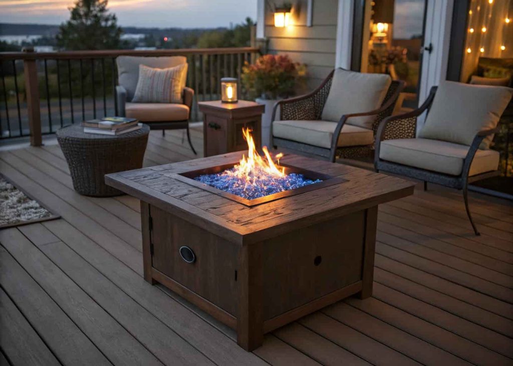 A portable propane fire pit table on a wooden deck with outdoor furniture and a clean blue-orange flame burning.