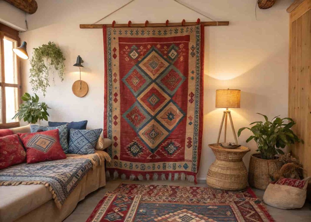 Vintage kilim rug hanging on a wall as bohemian textile art in a warm, layered living room.