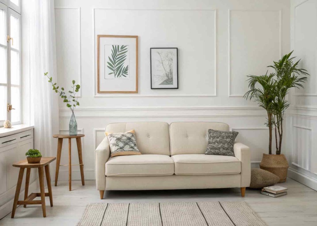 A budget-friendly minimalist living room with a clean white wall, quality sofa, and simple wooden furniture