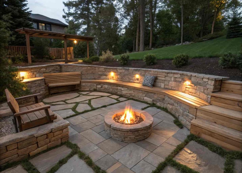 A sunken DIY fire pit with bench seating built into the sides of the excavated area, fire glowing in the center.