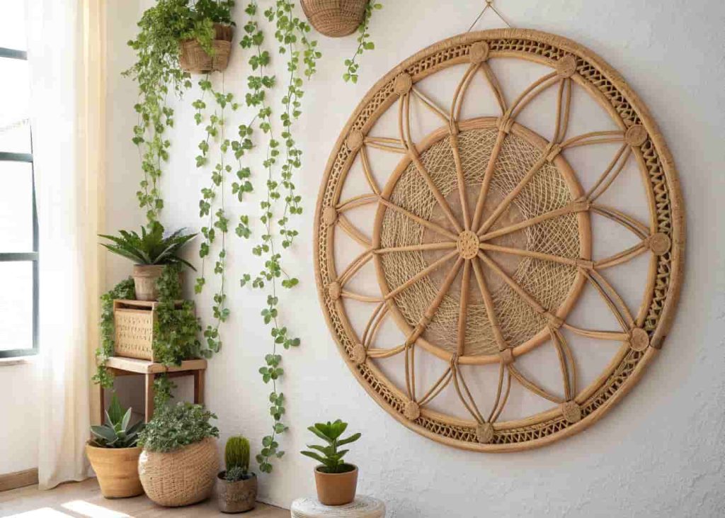  Large round rattan sun wall hanging on a white wall with plants in a bright bohemian room.