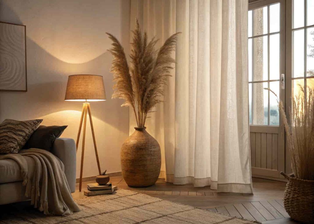 A warm minimalist living room with linen curtains, a clay lamp, pampas grass decor, and soft warm lighting