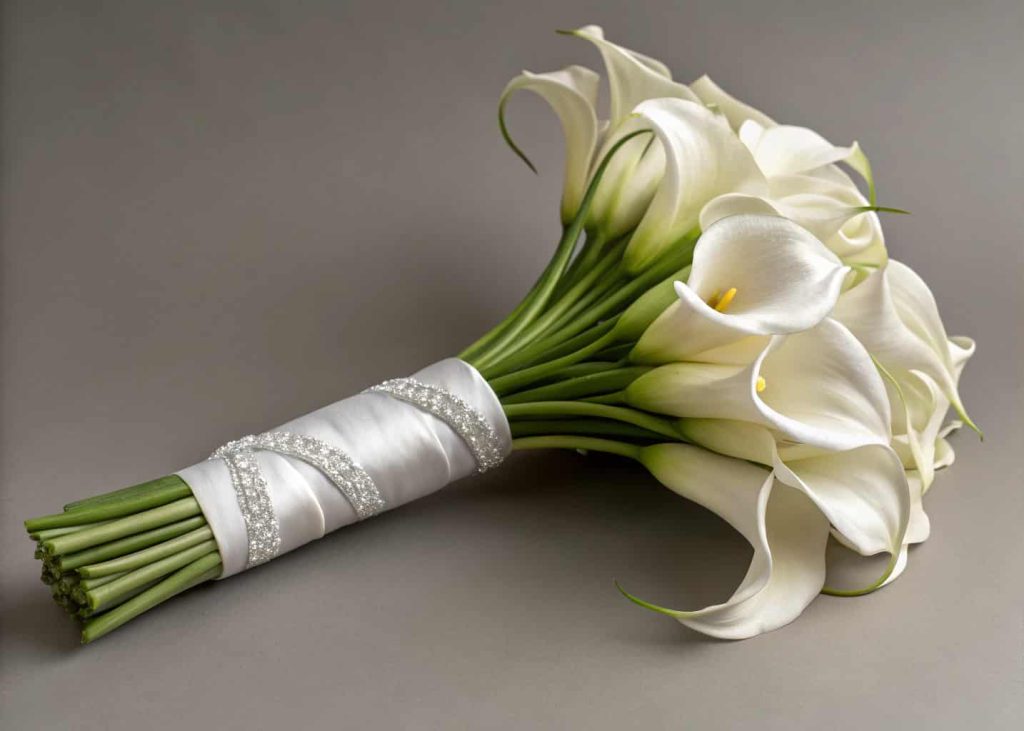 Classic minimalist white calla lily bridal bouquet with satin ribbon for an elegant wedding