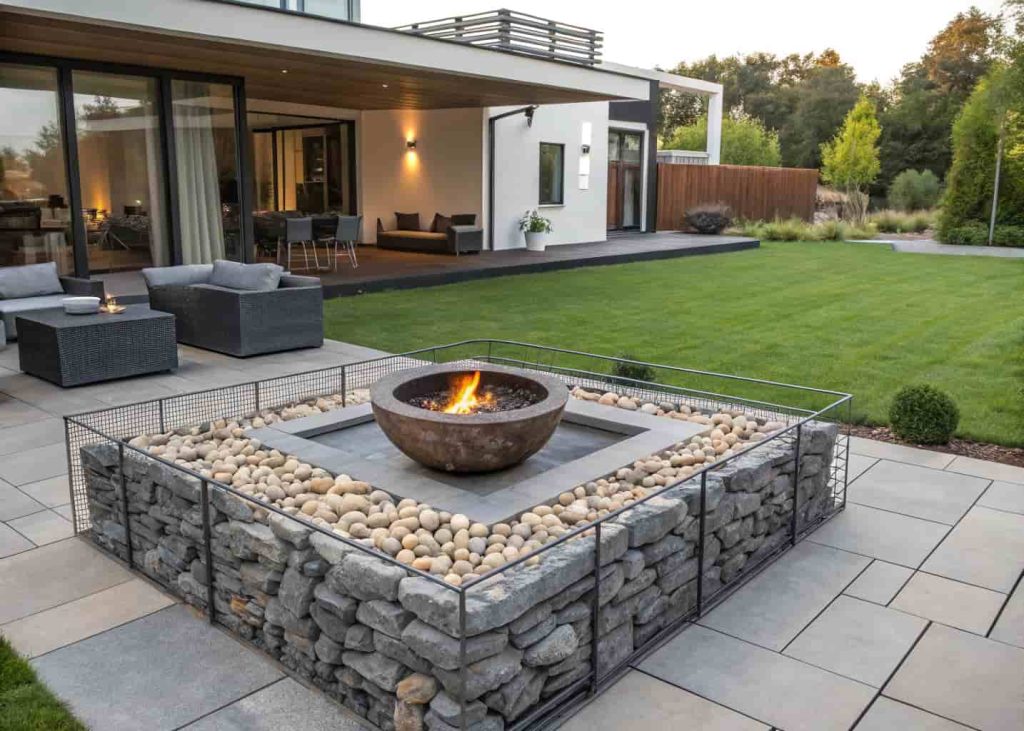 A modern gabion basket fire pit with river rock filling and a steel fire bowl insert in a contemporary backyard setting.