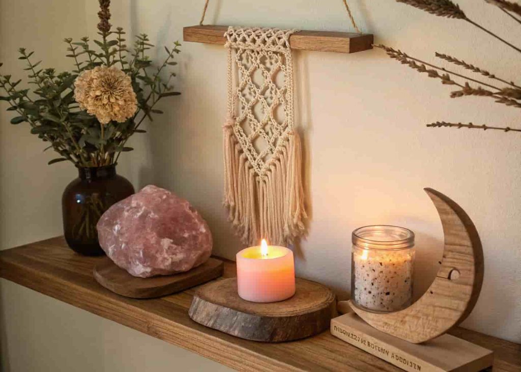 Bohemian floating shelf with crystals, dried flowers, and candles on a warm-toned bedroom wall.