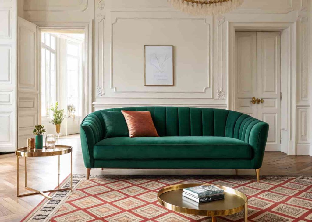 Emerald green velvet sofa with brass legs in a bright Neo Deco living room with cream walls and geometric accents
