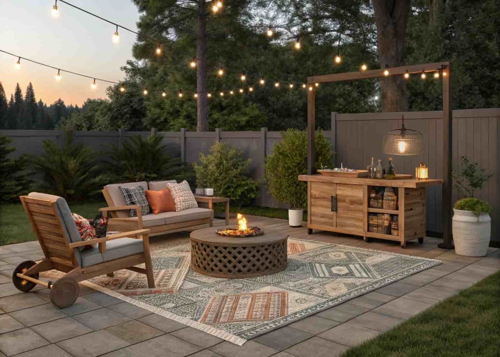 Backyard lounge with three zoned areas defined by outdoor rugs — fire pit seating, a drinks station, and a quiet corner with solo chair.