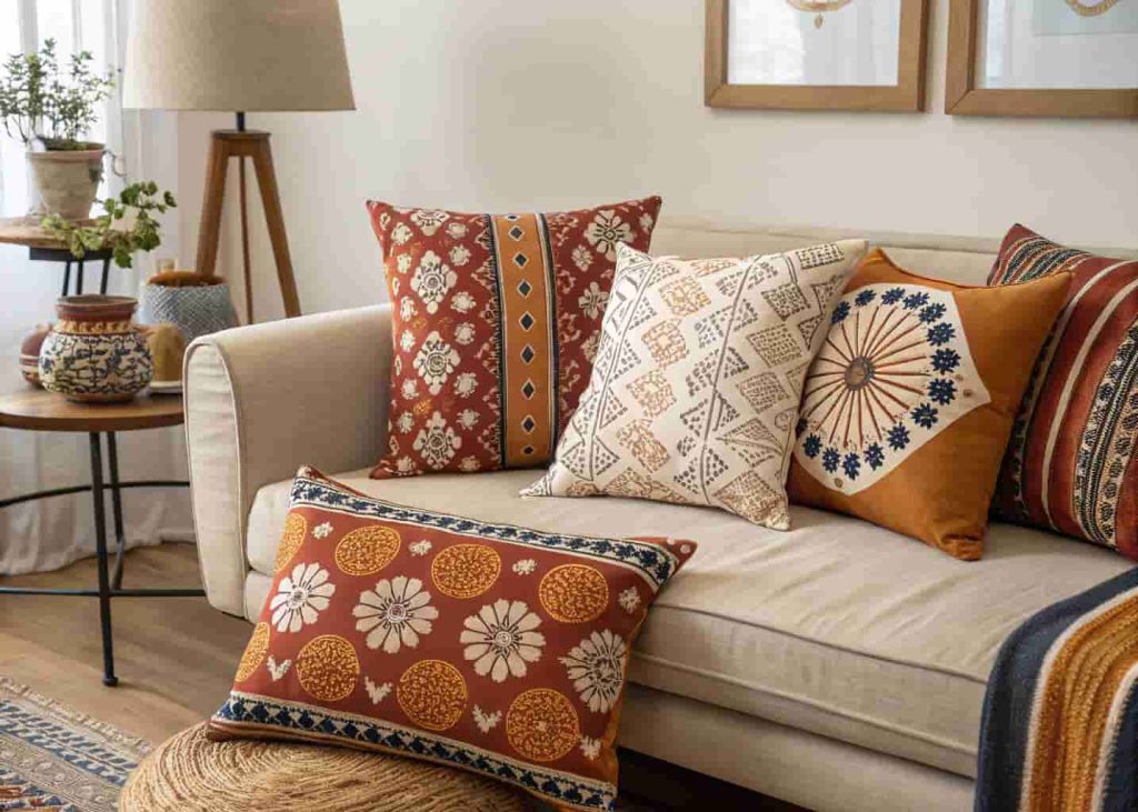 Mix and match boho patterned cushions in rust, navy, and mustard on a beige sofa