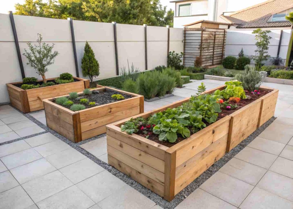 Neatly designed cedar raised garden beds with colorful vegetables and herbs growing in a clean, modern backyard space