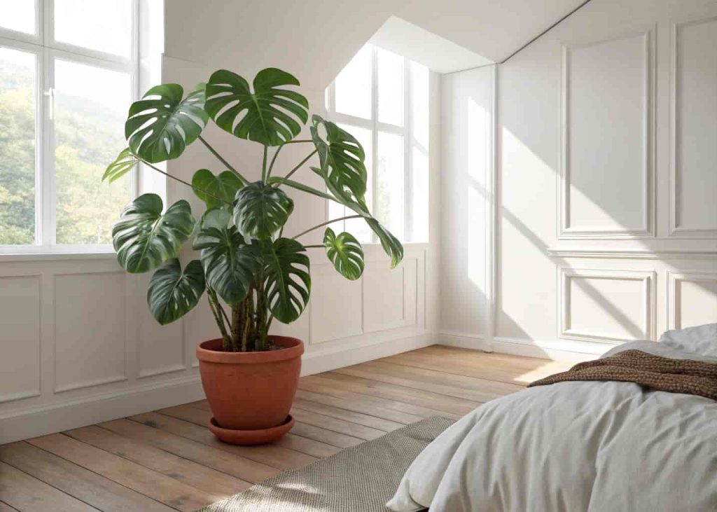 Natural linen bedding in oatmeal tones on a minimalist bed with wooden headboard and warm morning sunlight.