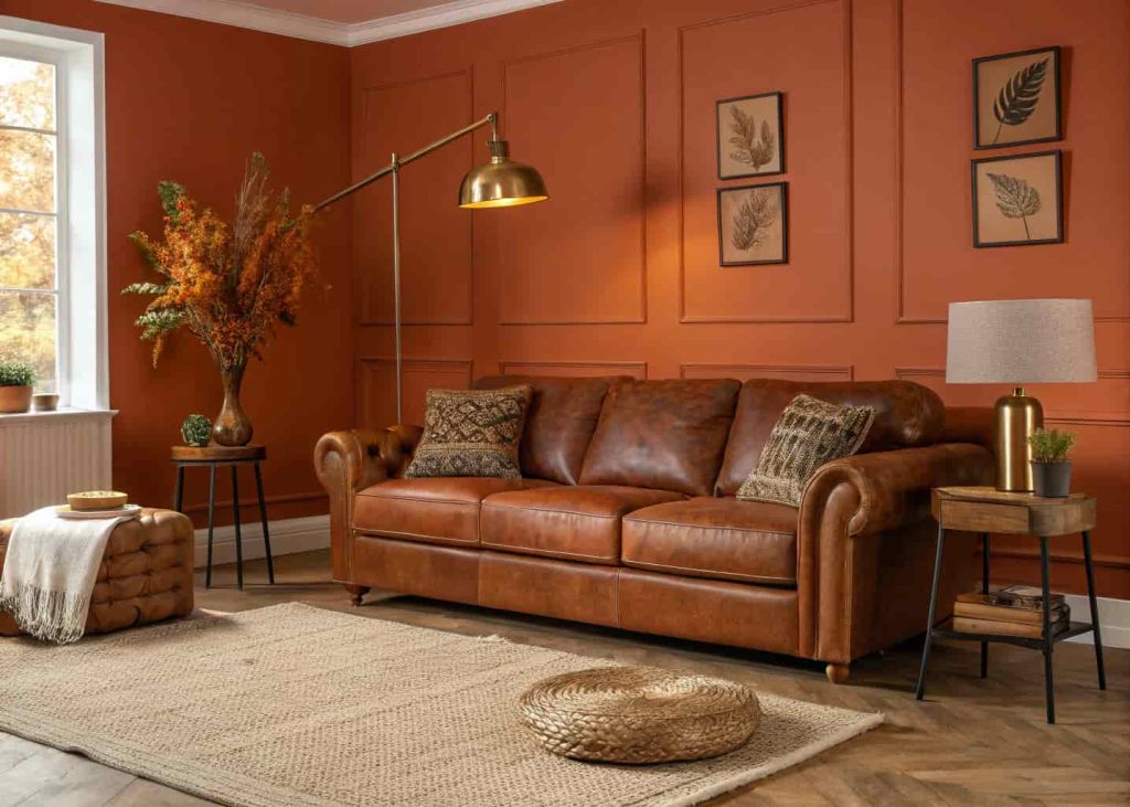 A rich burnt orange living room with leather furniture and brass accents glowing warmly in the evening light.