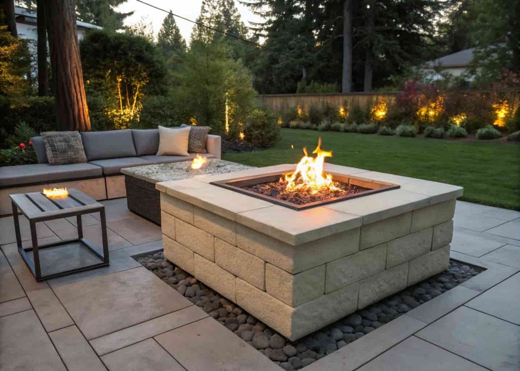 A square concrete block fire pit with paver cap stones on a backyard patio with fire burning inside at dusk.