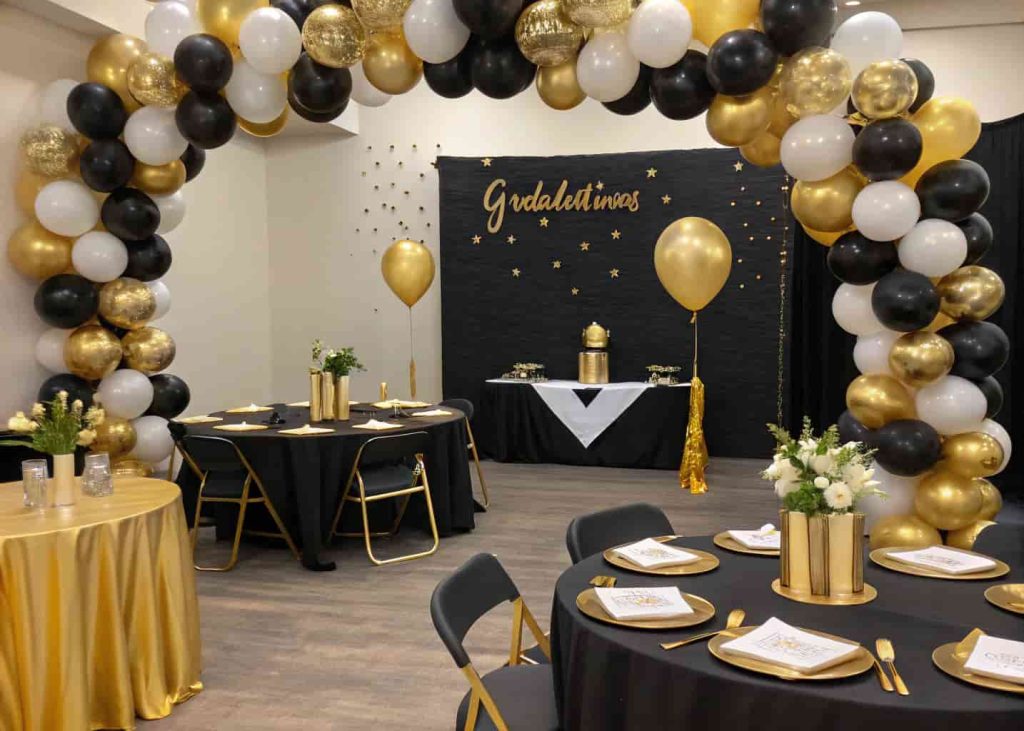 Black gold and white graduation party theme with coordinated balloons, table settings, and decor