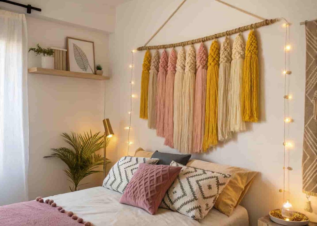 Layered tassel and fringe wall hanging in mustard and blush tones in a cozy bohemian bedroom.
