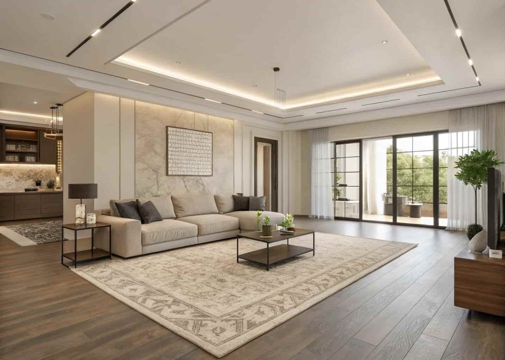 A spacious living room with minimal furniture — one sofa, one coffee table, and one large area rug. Lots of open floor space visible. Neutral tones throughout. Airy and uncluttered.