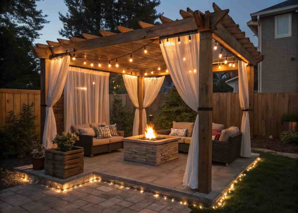 A backyard fire pit area under a DIY wooden pergola with string lights and outdoor seating creating a cozy outdoor room.