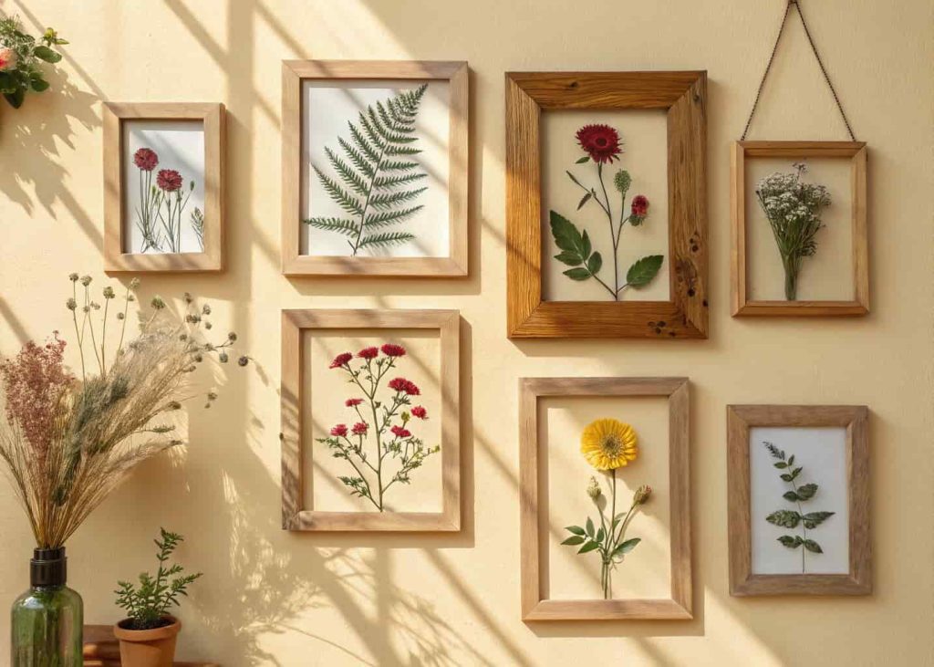 Gallery wall of pressed flower frames in wooden frames arranged on a cream bohemian bedroom wall.