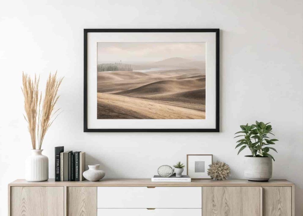 A single large framed abstract print in muted earth tones hanging on a white wall above a minimal sideboard. Simple black frame, centered perfectly. Clean and deliberate display.