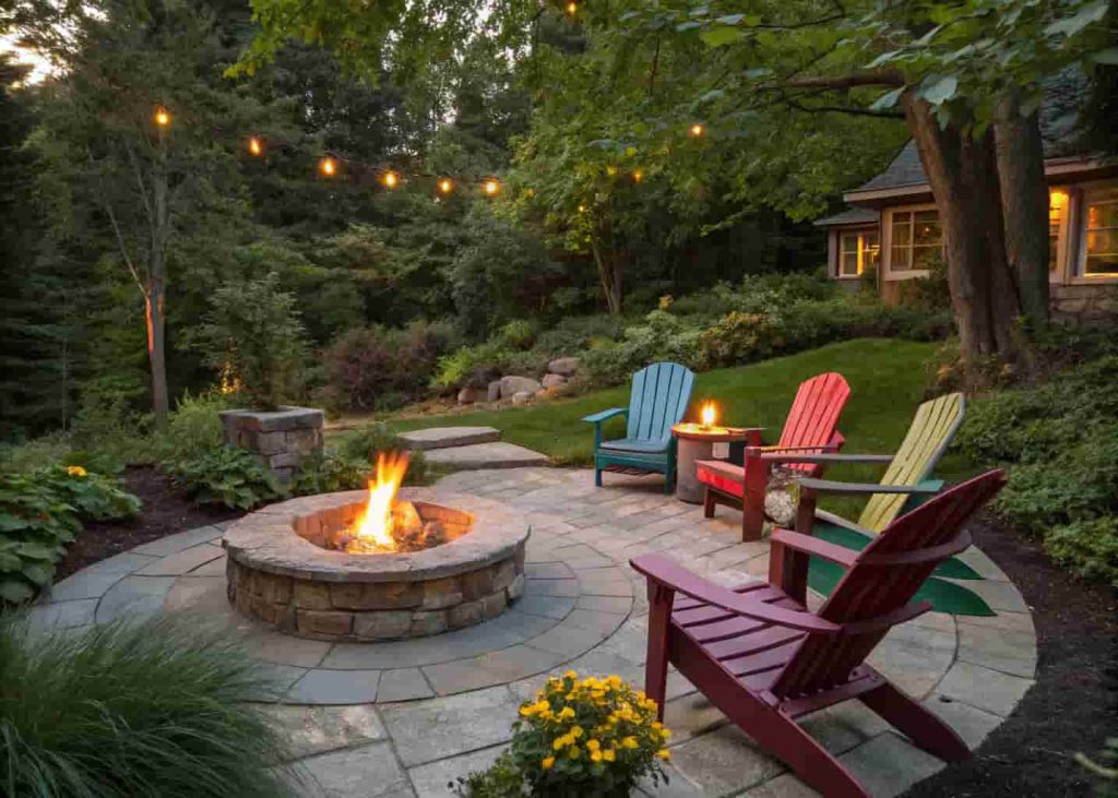 A cozy fire pit at the edge of a backyard garden with Adirondack chairs arranged around it in a peaceful evening setting.