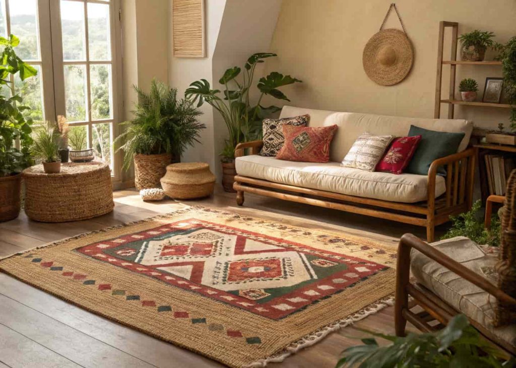 Layered bohemian rugs with jute base and colorful Moroccan kilim in a warm living room