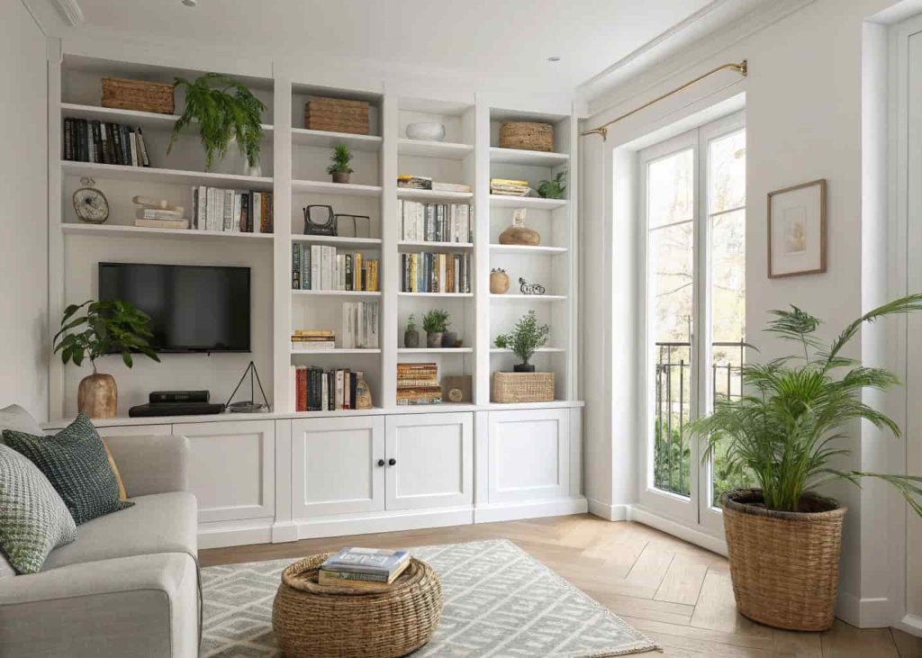 A small minimalist living room with floor-to-ceiling vertical shelves styled with books and plants, drawing the eye upward and making the room appear taller