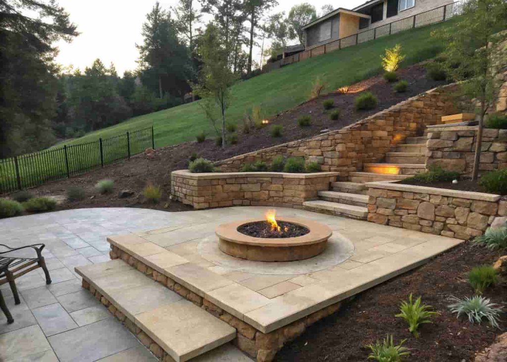 A flat fire pit platform supported by a stone retaining wall on a sloped backyard, with natural landscaping and seating around a round fire pit.