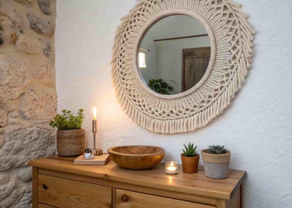  Round macramé-bordered mirror above a wooden vanity in a warm boho bathroom