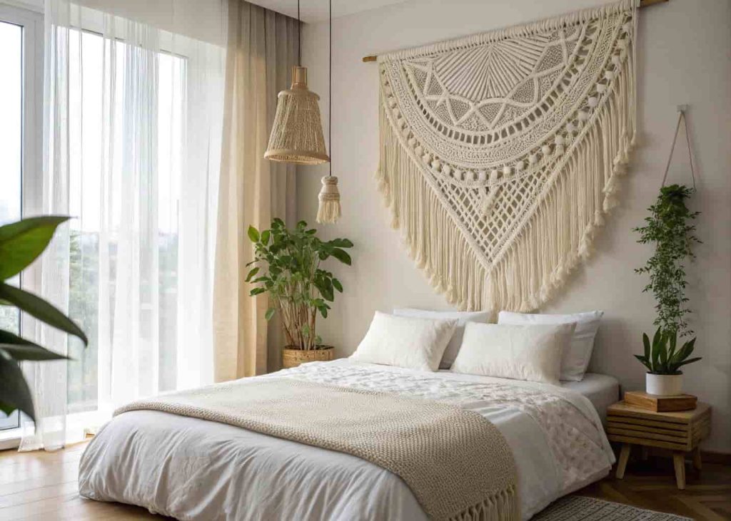 Handmade macramé wall hanging above a bohemian-style bed in a sunlit neutral bedroom