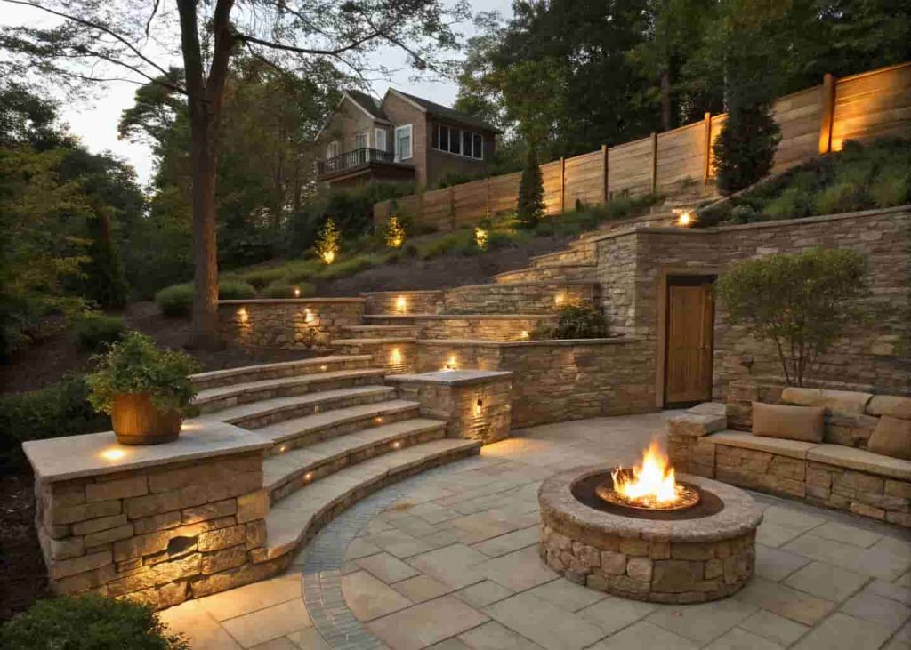 Multi-level terraced backyard with stone seating walls stepping down to a central fire pit on the lowest tier, glowing with warm fire light at sunset.
