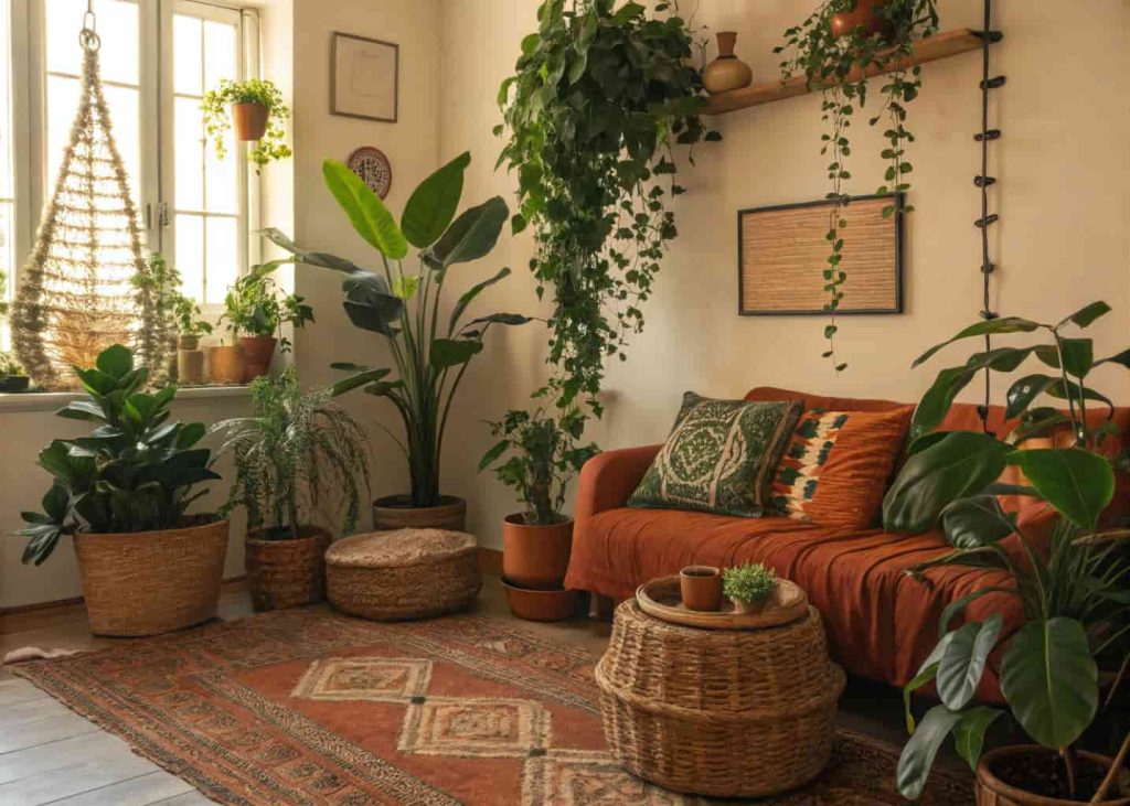 Bohemian living room filled with lush indoor plants — hanging pothos, tall fiddle leaf fig, terracotta pots, woven baskets, golden hour light, earthy and warm color palette