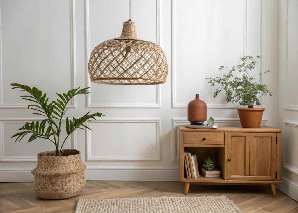 A minimal living room corner with a rattan pendant light, a wooden side table, and a terracotta pot with a plant. Warm natural tones against white walls. Textured and organic minimal aesthetic