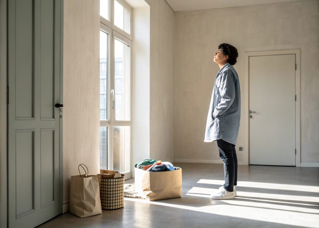 A person standing in a clean minimal room, looking around thoughtfully with a few items set aside for donation in a simple bag. Bright natural light, neutral walls, organized surroundings. Calm and purposeful moment.