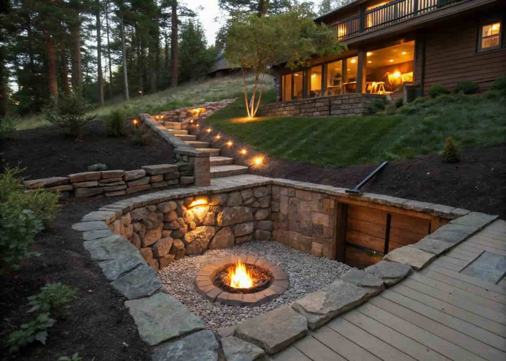 A sunken fire pit dug into a sloped backyard, recessed below grade with gravel surround and stone edging, lit with a warm fire glow.