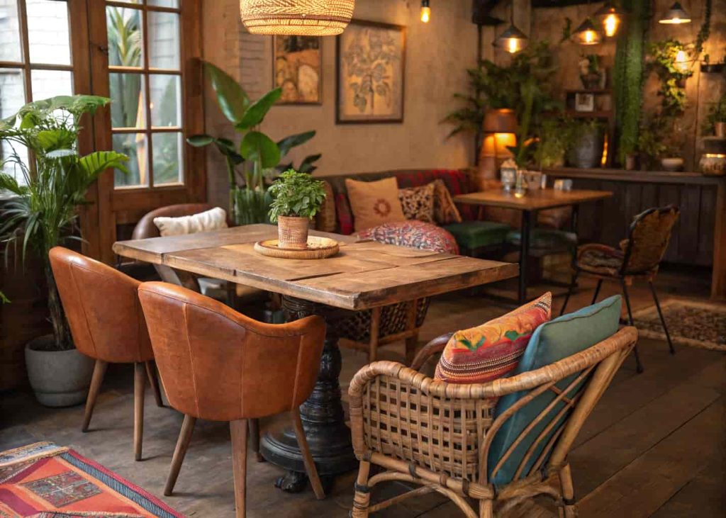 Bohemian dining space with mismatched vintage furniture including a leather chair, cane chair, and reclaimed wood table