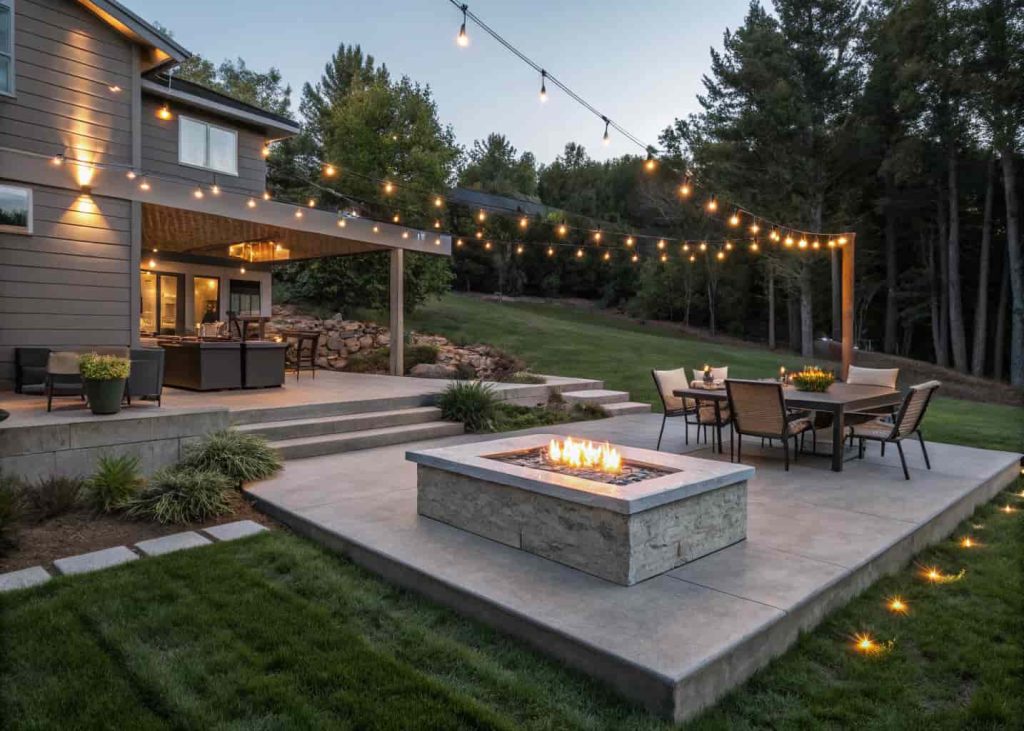 A modern concrete patio carved from a sloped yard with a gas fire pit table, outdoor furniture, and string lights creating an evening outdoor room.