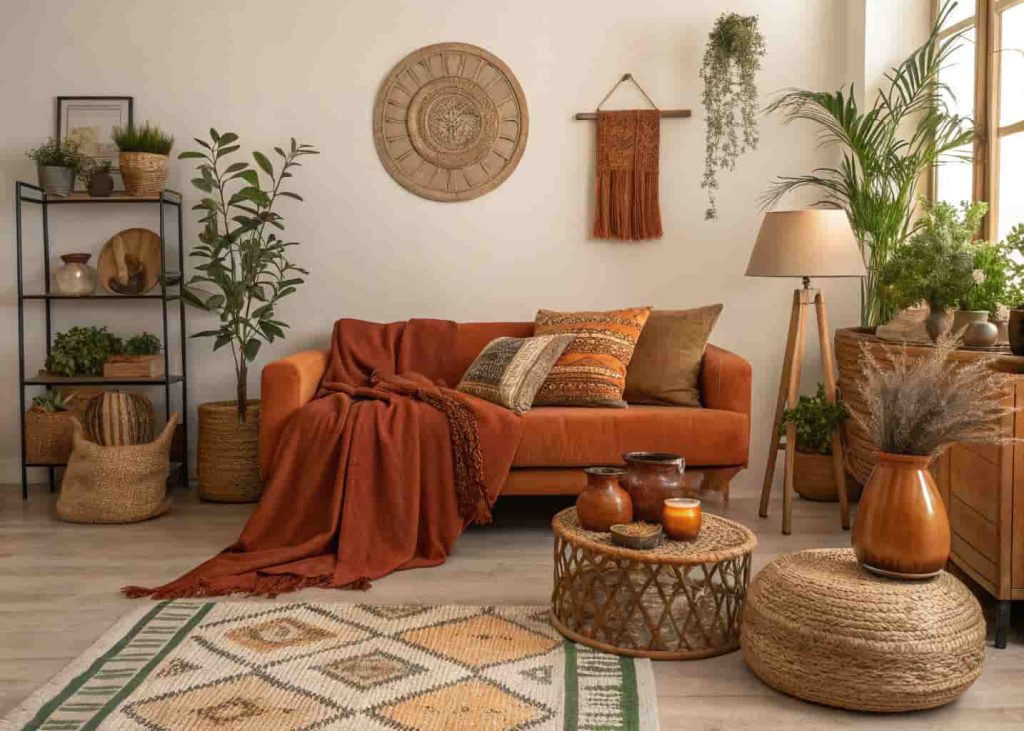 Bohemian living room decorated in warm earthy tones including terracotta, amber, and burnt orange accents