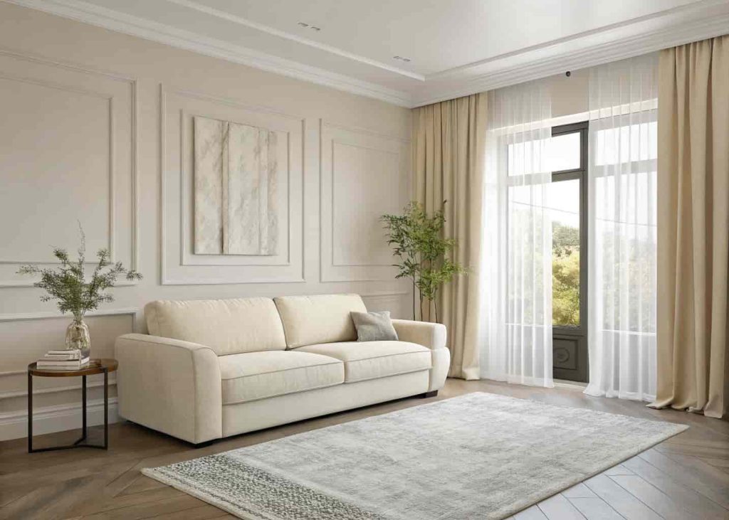 A living room with soft beige walls, a cream sofa, light grey rug, and warm white curtains. Minimal furniture, no clutter, natural light filling the space, cozy and clean atmosphere.