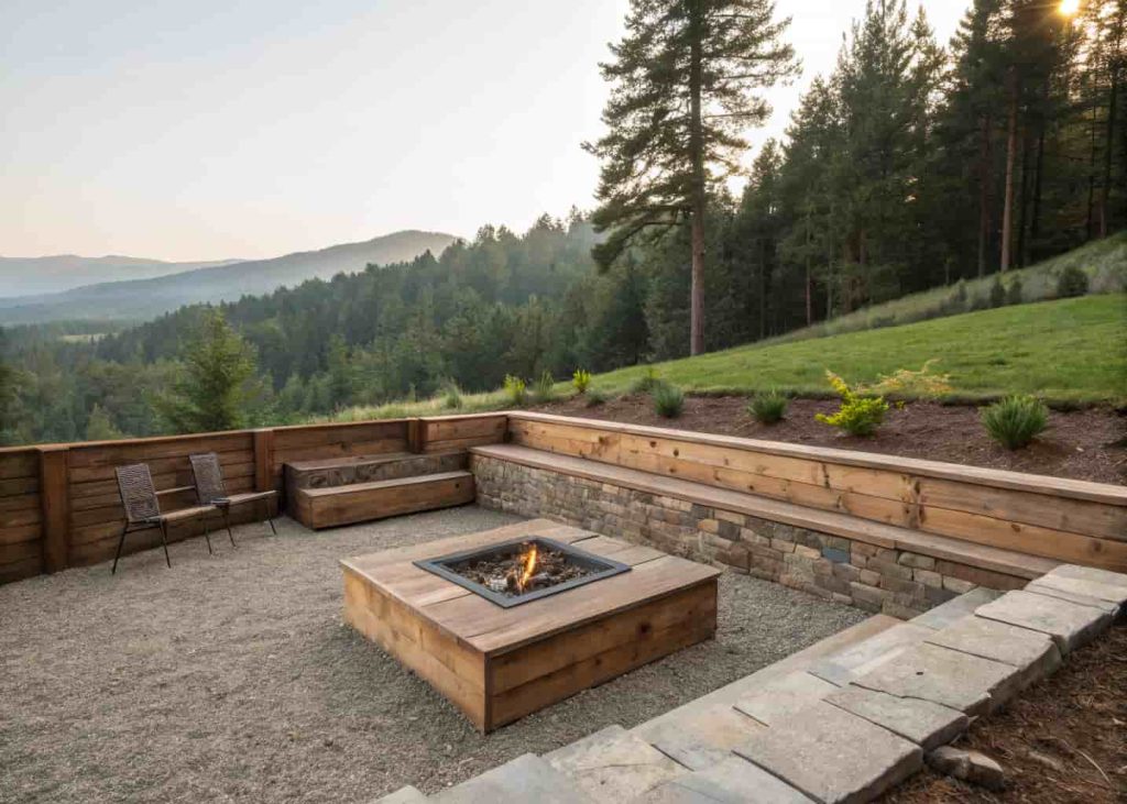 A rustic fire pit area with railroad tie walls holding back a slope, creating a flat gravel zone with a wood-burning fire pit in a wooded backyard.