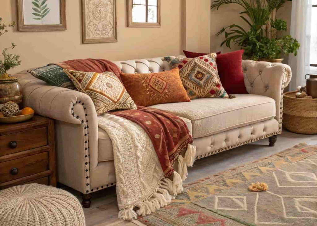 Cozy bohemian sofa piled with mixed texture cushions and a chunky knit throw blanket in warm tones